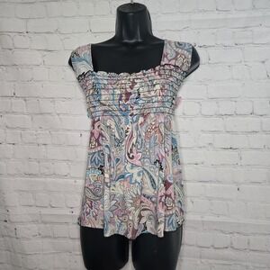 y2k retro paisley smocked  babydoll milkmaid slinky top Susan Lawrence M